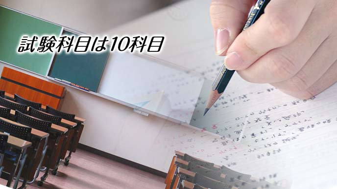 試験会場と鉛筆を持つ手
