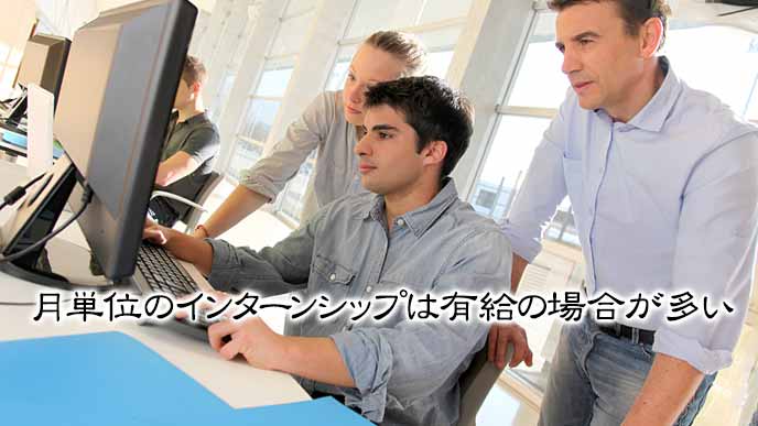 パソコンで作業する学生を見守る社員