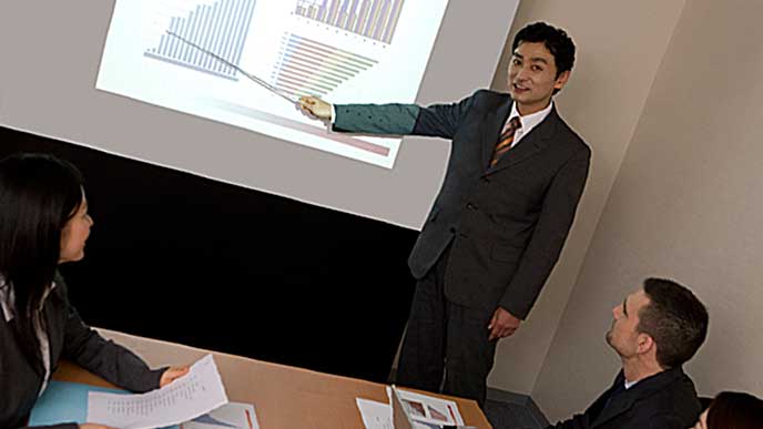 会議室でプレゼンを行っている会社員