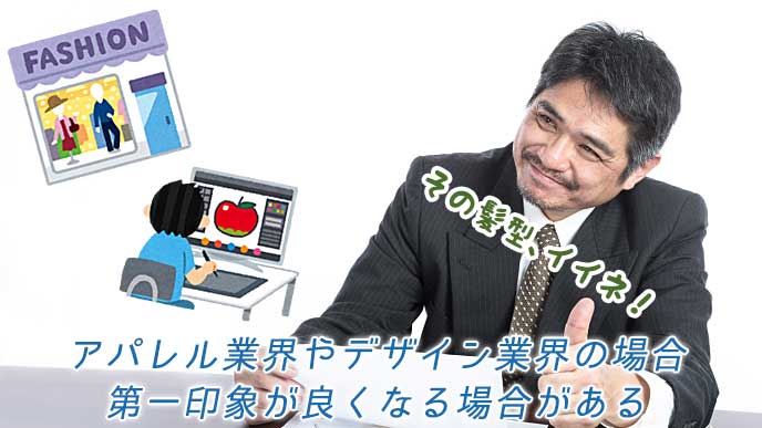 洋服屋とパソコンでリンゴの絵を描いている男性のイラストと笑顔の面接官