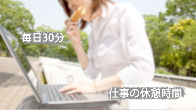 食べながらノートパソコンを操作する女性