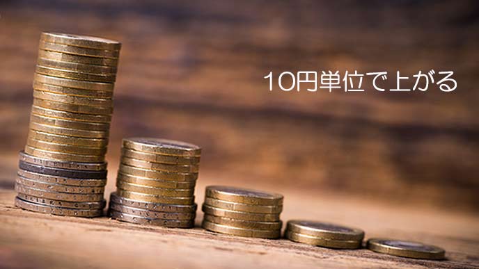 10円硬貨が積み上げられて並んでいる