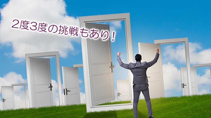 幾つものドアの前でガッツポーズする男性