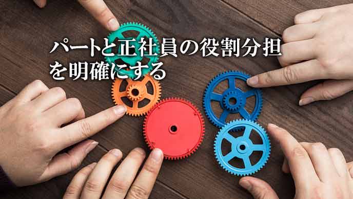自分の社内での役割を指さす社員の手