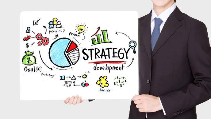 やりたいことを書いたボードを持つスーツ姿の男性