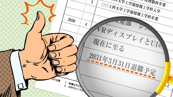 ルーペで拡大した履歴書の退職予定日時にサムズアップしているイラスト