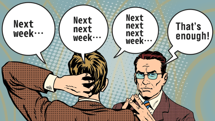 予定が二転三転する男性と、それを聞いていい加減にしろ(That's enough!)と言う男性のイラスト