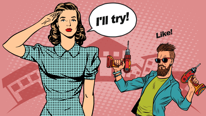 敬礼しつつ頑張りますという女性にイイネする電動ドリルを持ったサングラスの男性