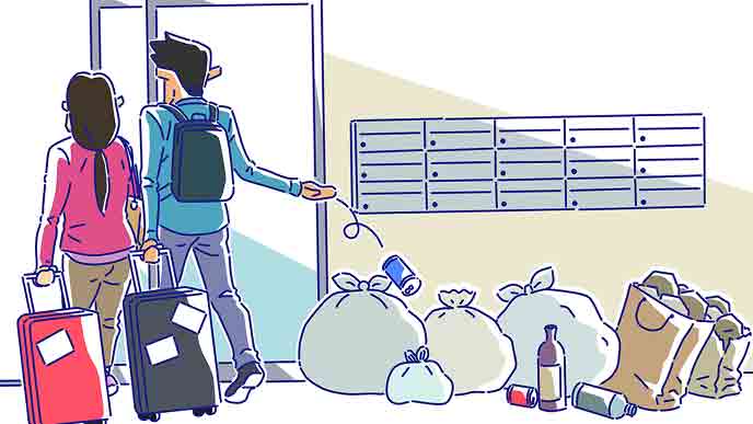 マンションの民泊でゴミを捨てる観光客