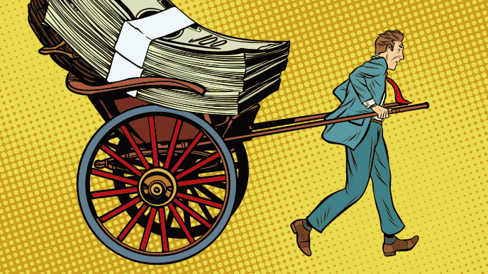 人力車でお金を運ぶ男性のイラスト