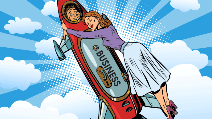 起業しようとするロケットな男性に抱き着く女性