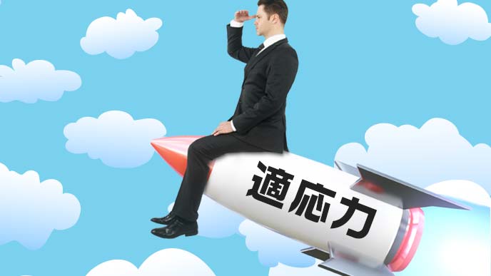 適応力ロケットに乗って上昇してゆく男性