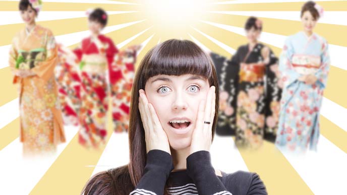 後光とともに舞い上がる振り袖姿四体と福音を受ける歓喜の女性