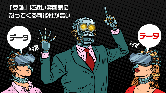 データ重視を唱えるロボットと対策する男女