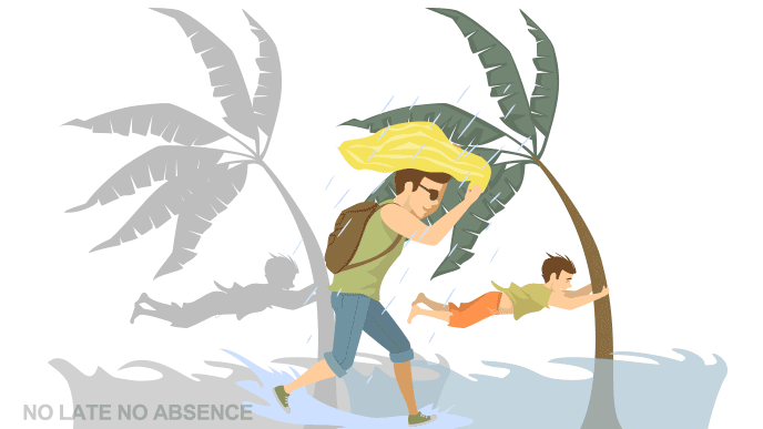 台風に吹き飛ばされそうになりながら進む人のイラスト