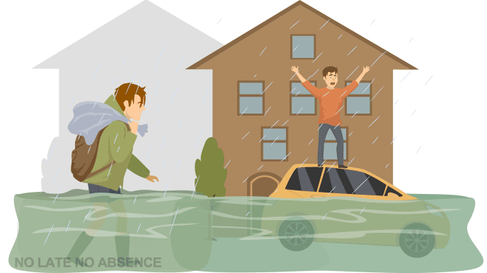 洪水の中を進む人のイラスト