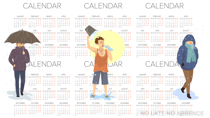 カレンダーの前に立つ人のイラスト