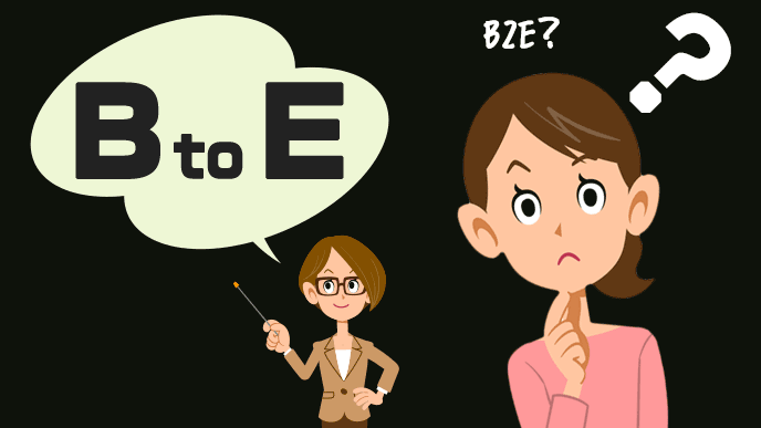 BtoEを紹介する女性と、ハテナマークを浮かべる女性のイラスト